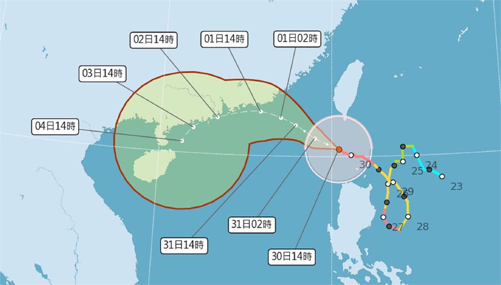 蘇拉颱風朝中國方向前進。圖／中央氣象局