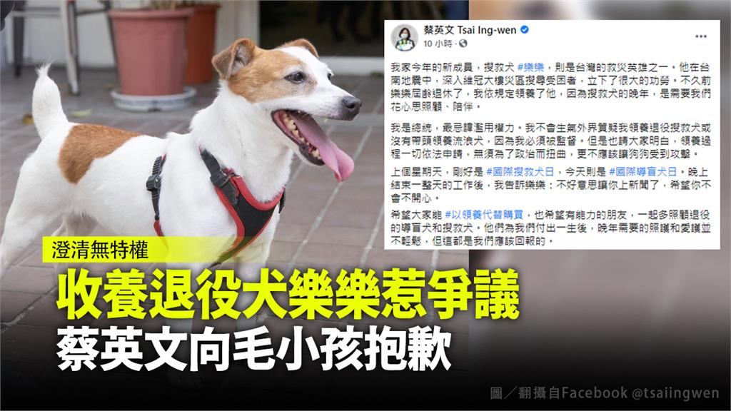 蔡英文近期領養的退役搜救犬「樂樂」。圖／翻攝自Facebook@蔡英文