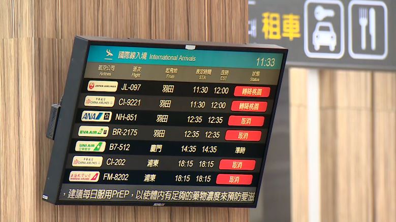 松山機場各航班受到立榮飛機迫降影響，航班取消或轉降桃園機場。圖／台視新聞