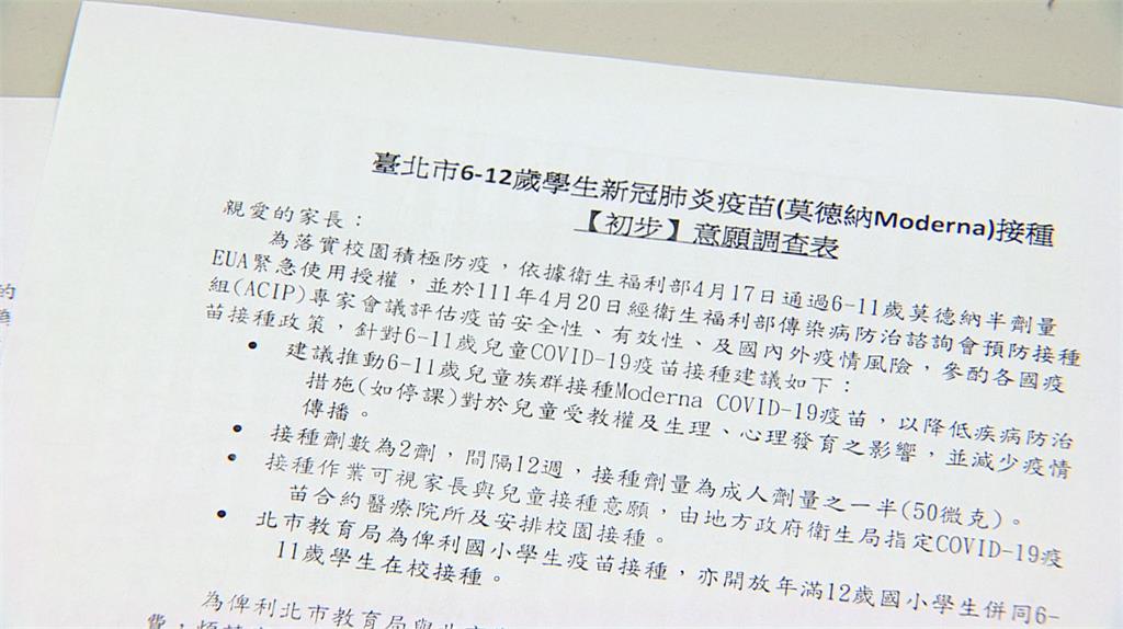 台北市各國小陸續發放莫德納疫苗接種意願調查表。圖／台視新聞