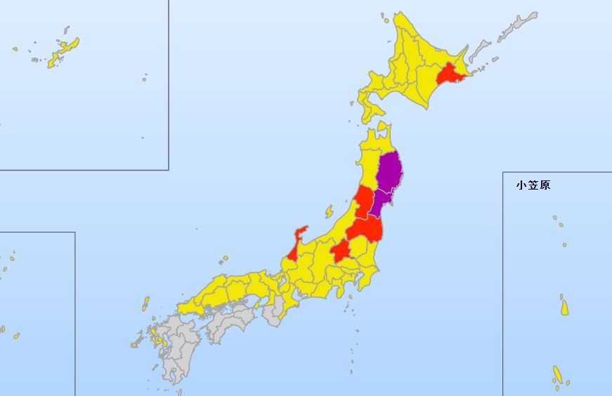 受到鋒面跟潮濕空氣影響，日本多個縣市從16日開始降下大雨。圖／翻攝自日本氣象廳