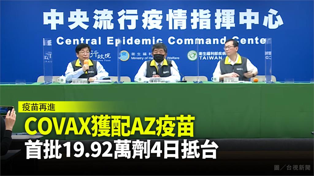 COVAX獲配AZ疫苗  首批19.92萬劑4日...