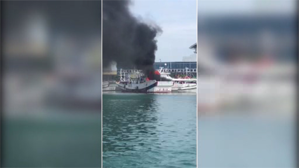 台中梧棲漁港一艘漁船起火燃燒，冒出濃濃黑煙。圖／台視新聞