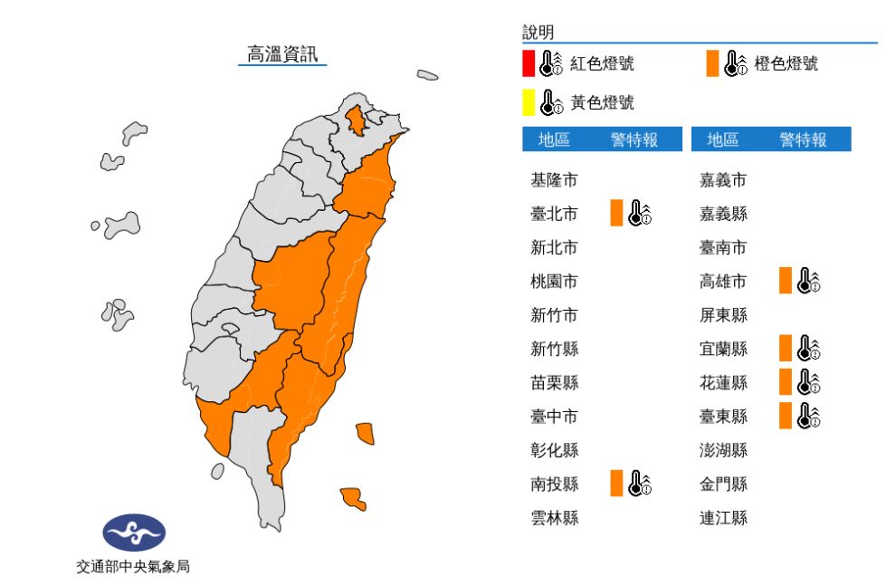 氣象局針對6縣市發布高溫警示。圖：翻攝自中央氣象局