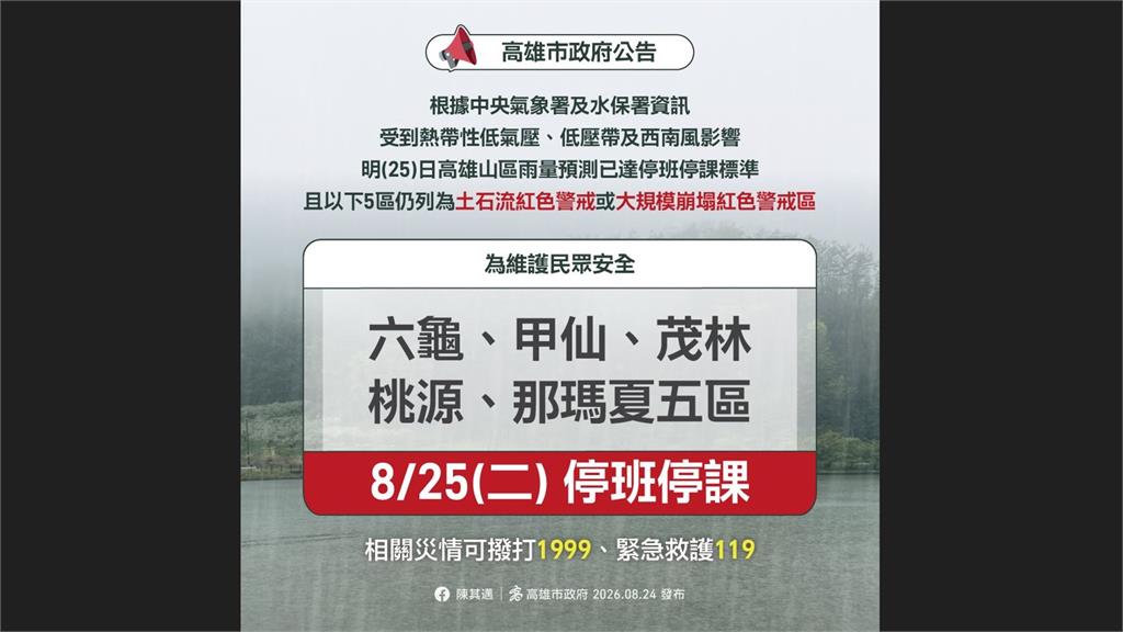 山區雨量達標 高雄市「5行政區」明日8/25停班課