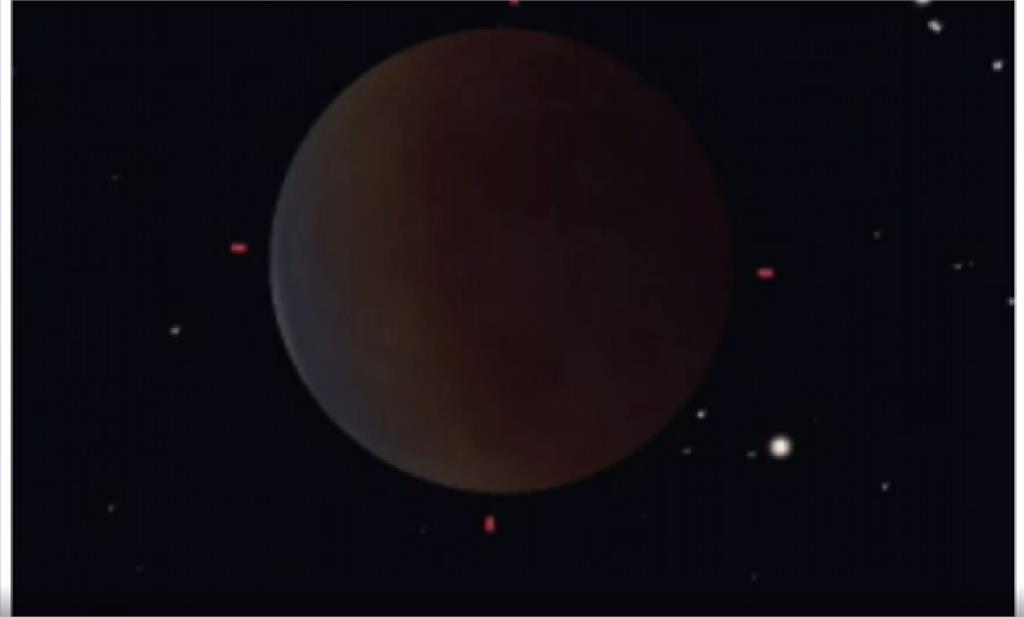 中間血紅色的月全食，右下角光點就是天王星。圖／台視新聞