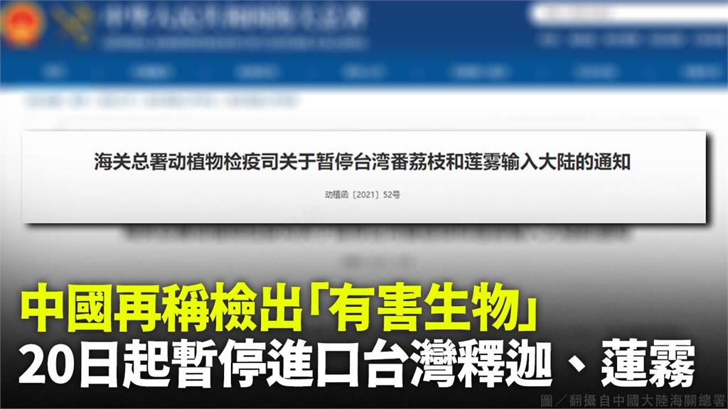 中國大陸海關總署公布，將暫停台灣釋迦和蓮霧輸入。圖／翻攝自中國大陸海關總署網站