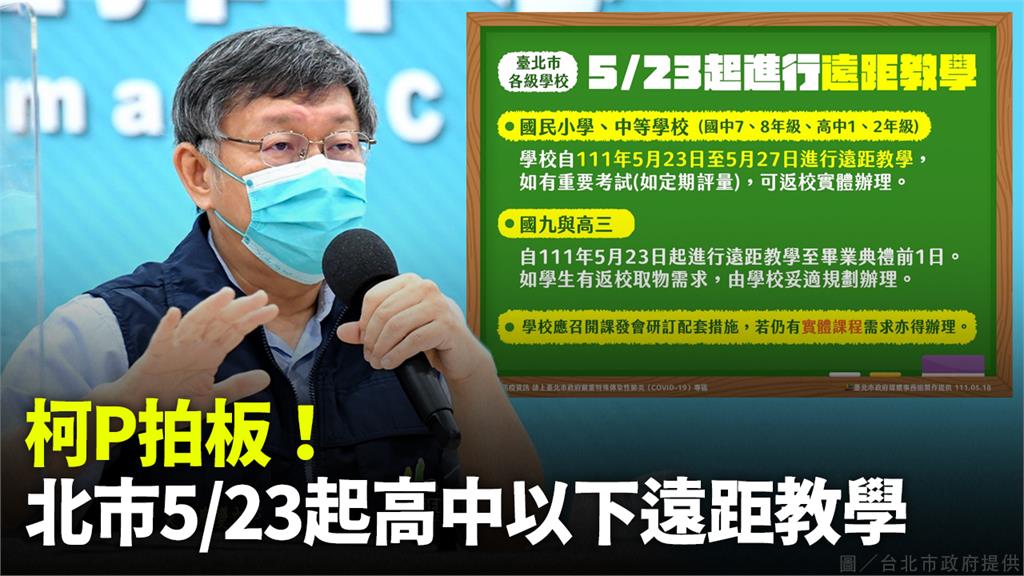 柯文哲宣布，台北市高中以下5月23日起實施遠距教學。圖／市府提供