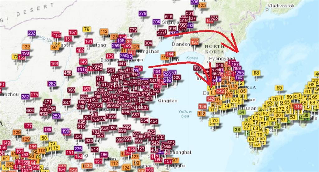 鄭明典PO出「中國空氣品質監測圖」。圖／翻攝自FB@鄭明典
