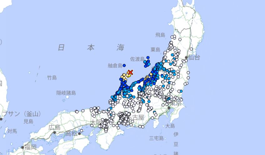 日本石川縣能登半島清晨發生規模5.9地震。圖／翻攝自日本氣象廳