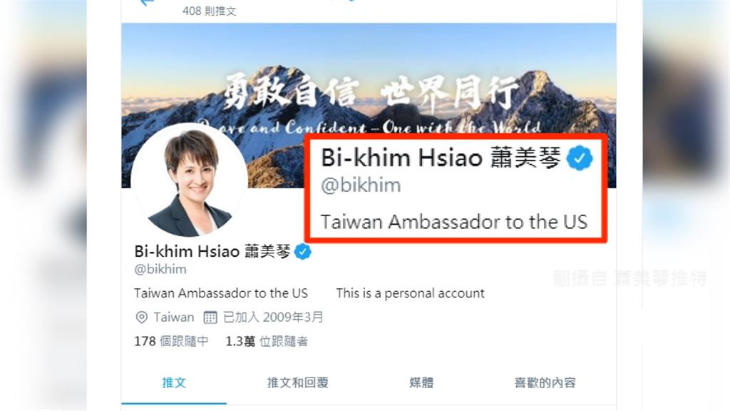 蕭美琴推特簡介更名為「台灣駐美大使」。圖：翻攝自蕭美琴推特