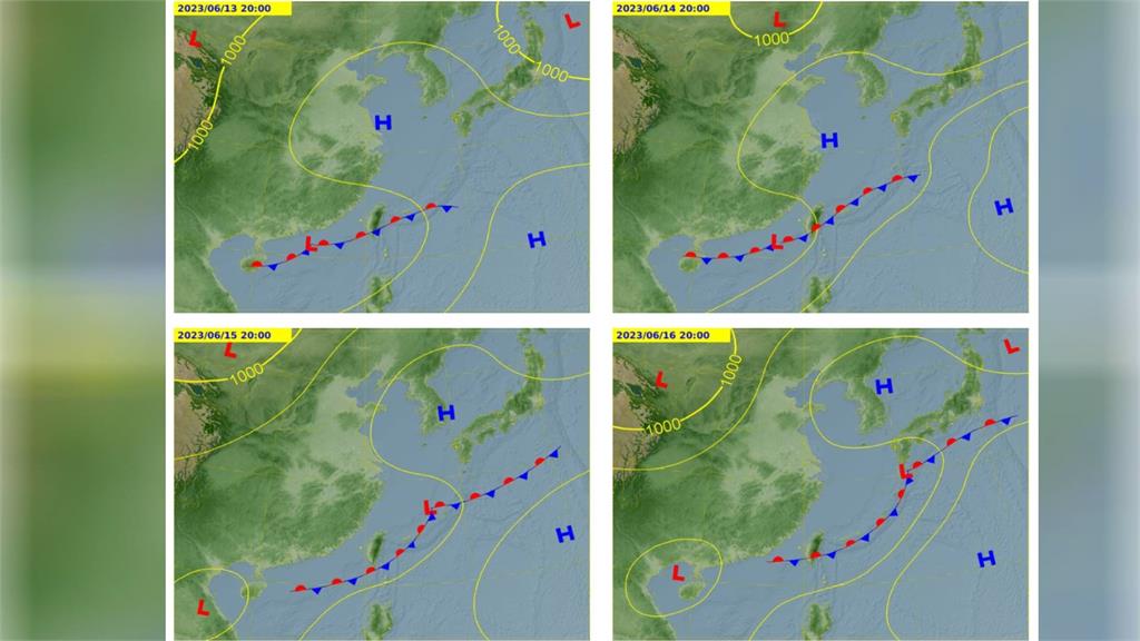 台灣颱風論壇指出，梅雨鋒面將「橫躺」台灣上空好幾天。圖／翻攝自臉書twtybbs