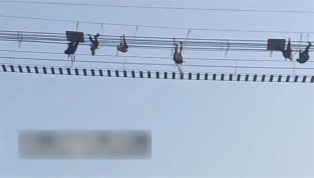 中國網紅橋側翻，數名遊客頭下腳上，倒掛高空。圖／翻攝自網路