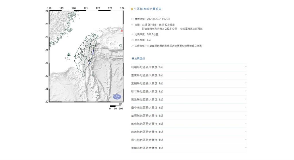 地牛翻身！13:07東北海域芮氏規模6.4 花、...