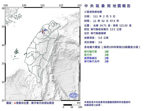 新竹今近午又連2震！圖／翻攝自中央氣象局