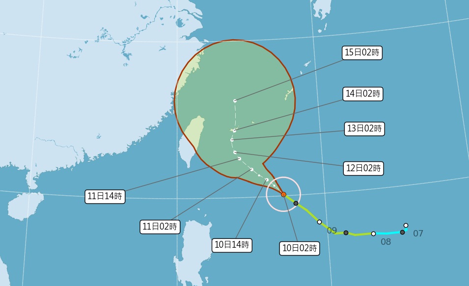 「梅花」颱風10日凌晨2點位於鵝鑾鼻東南東方720公里的海面上，未來有增強為中度颱風的趨勢。圖／翻攝自中央氣象局