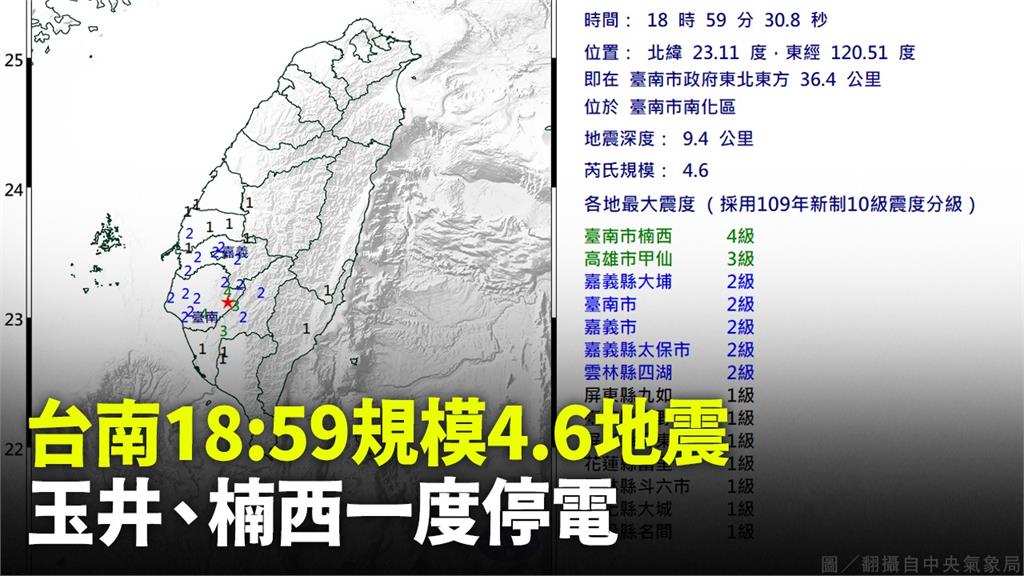 台南發生規模4.6地震，導致玉井、楠西一度停電。圖／翻攝自中央氣象局
