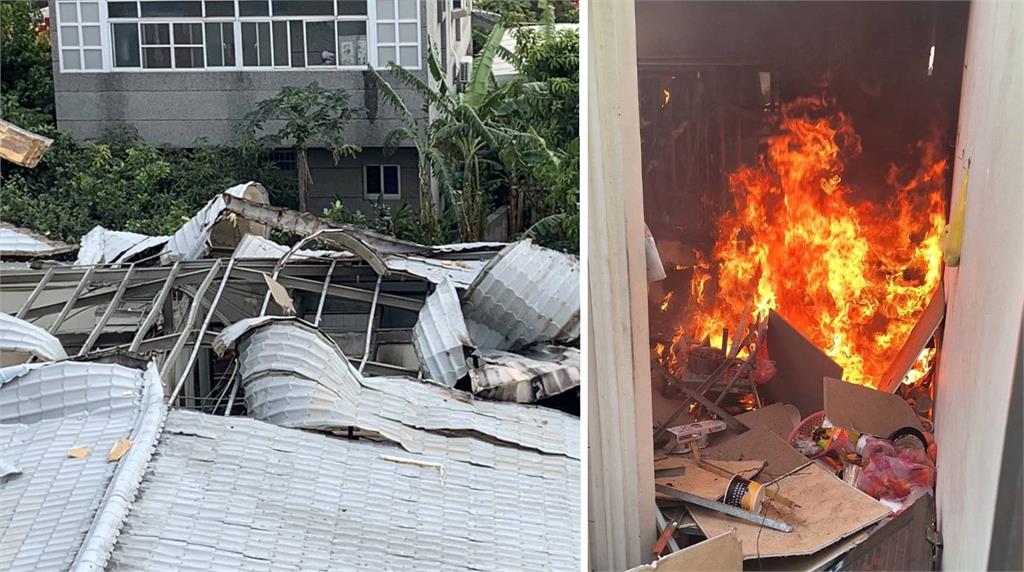 台南麻豆出租套房氣爆，屋內大火亂竄，鐵皮屋頂也被炸飛。圖／台視新聞