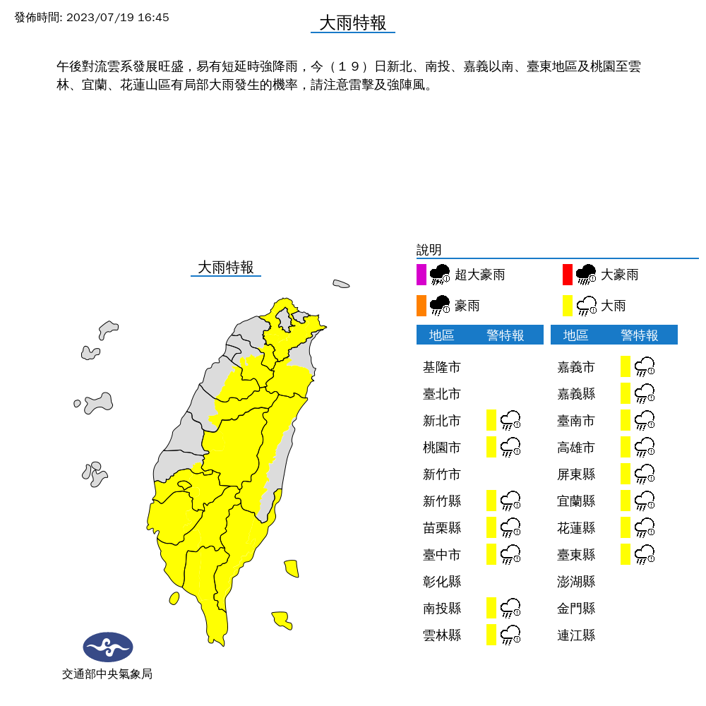 下班注意！「15縣市」大雨特報 防雷擊、強陣風